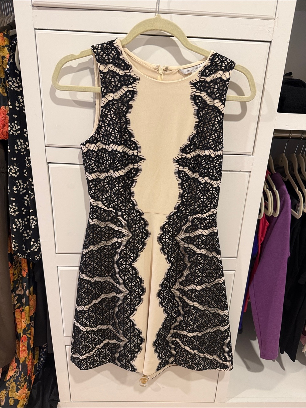 Diane Von Furstenberg Cream Dress with Black Lace Panels